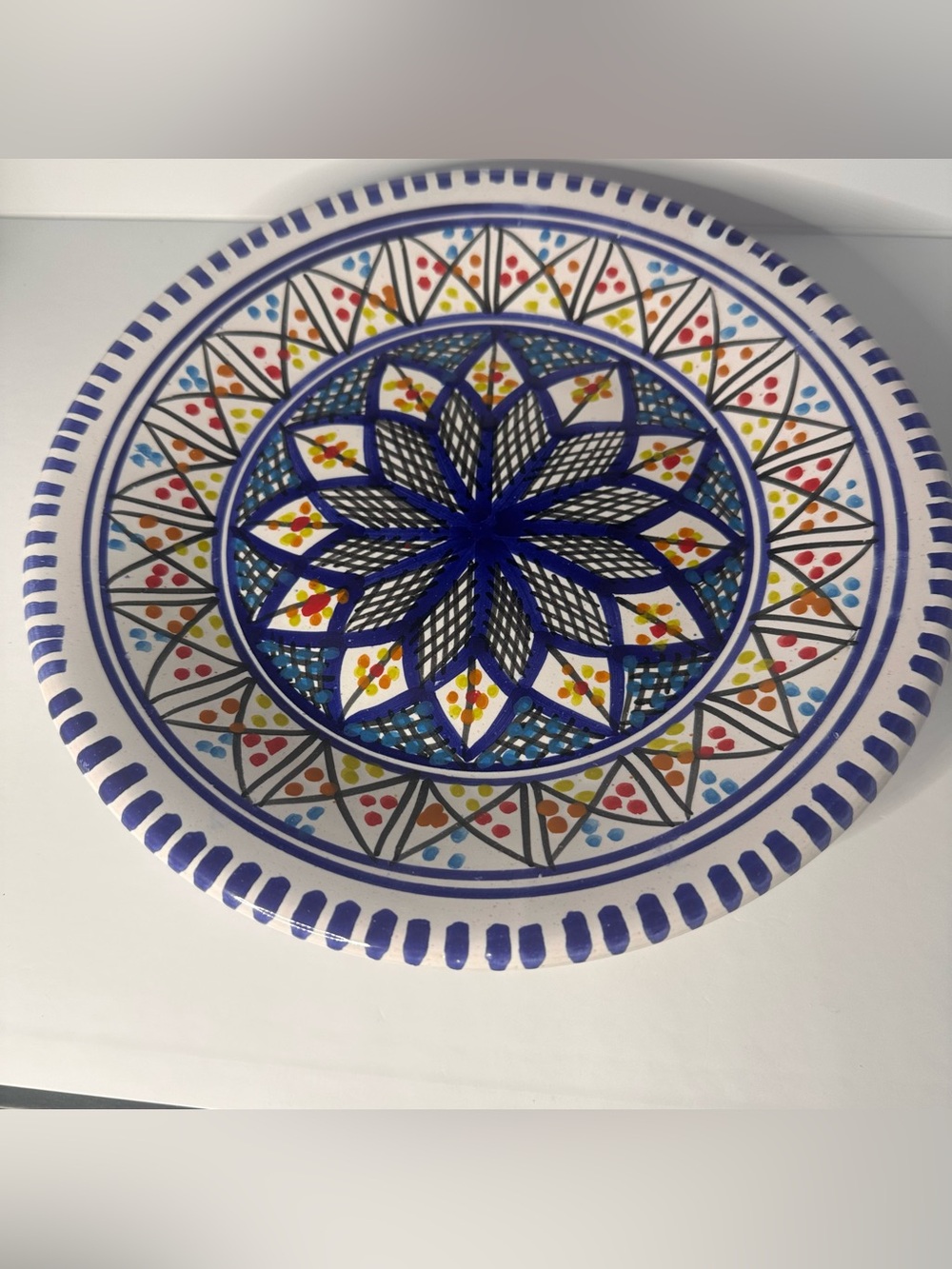 Estate Find Hand Painted Ceramic Plate Blue Geometric 9.5"